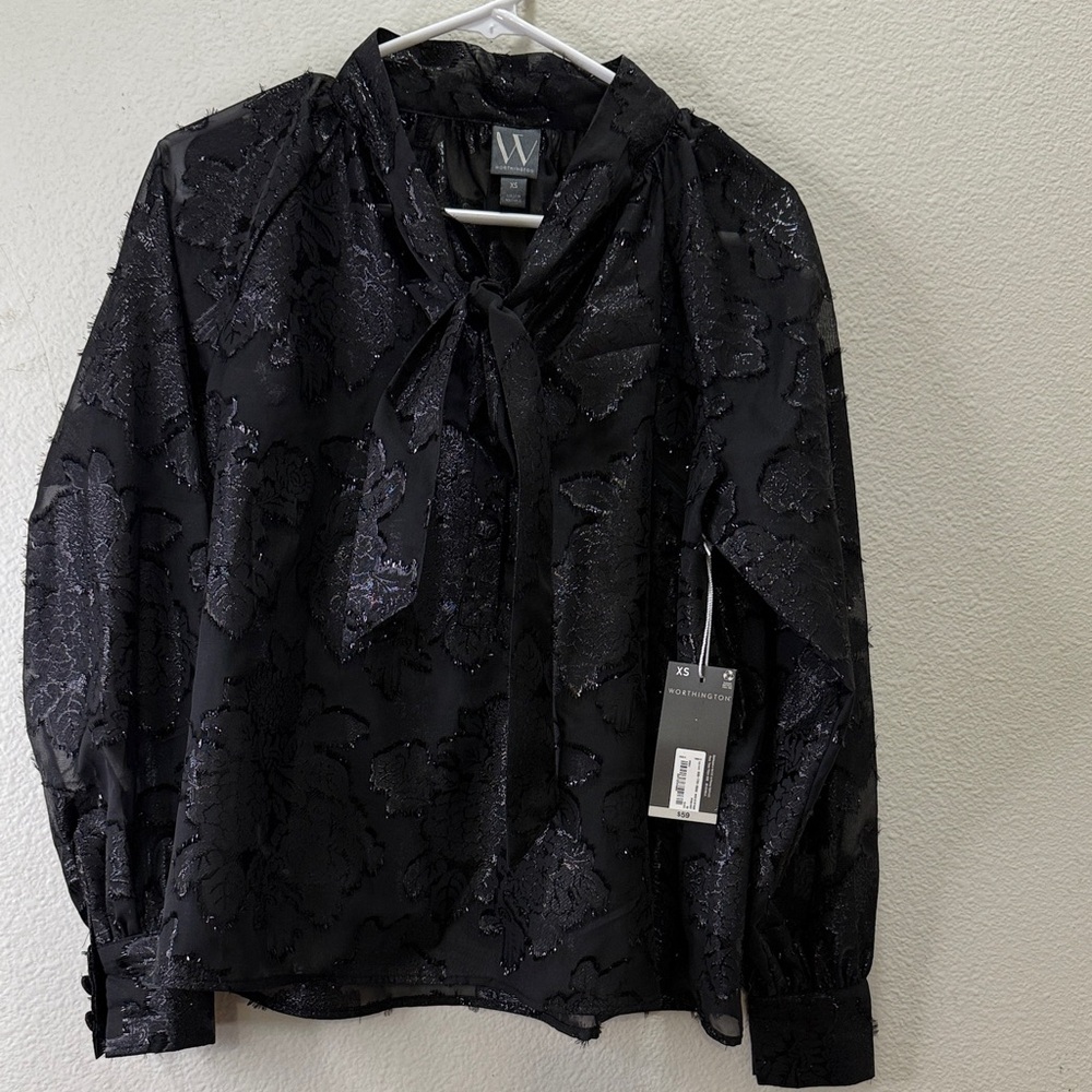 Worthington Black Sheer Blouse with Floral Pattern